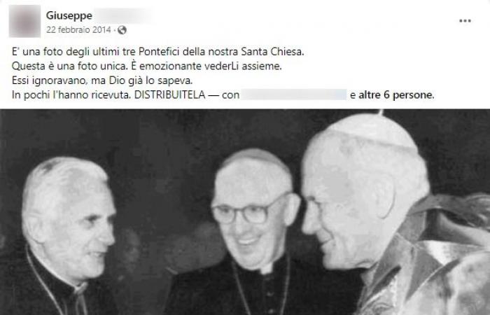 La falsa “foto histórica” ​​que retrata juntos a los últimos tres Papas Benedicto XVI, Francisco y Juan Pablo II