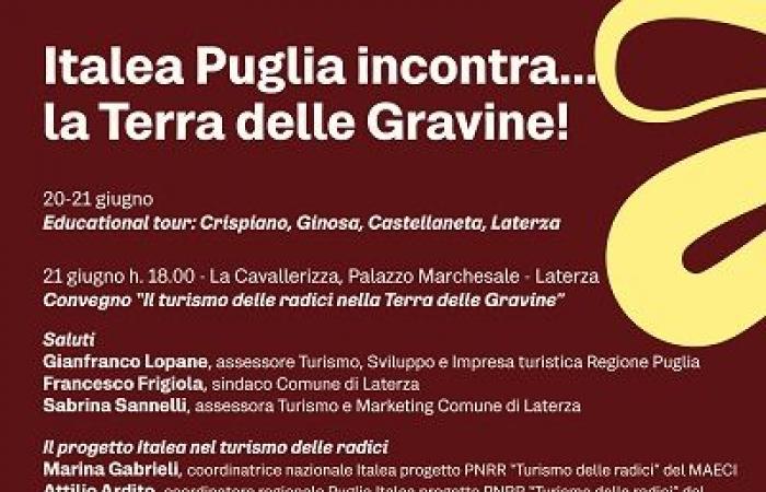 Italea Puglia / Viernes 21 de junio en Laterza (TA) encuentro público “El turismo de raíces en la Tierra de la Gravine” – PugliaLive – Periódico de información en línea