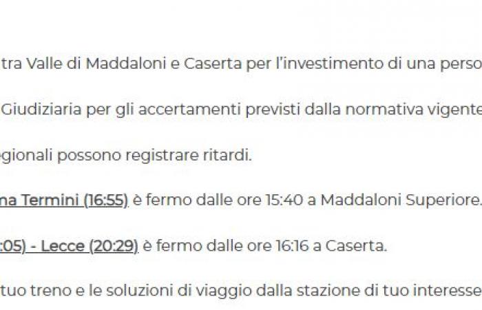 “Inversión de una persona en Maddaloni Superiore”. Suspendido el tráfico ferroviario entre Valle di Maddaloni y Caserta