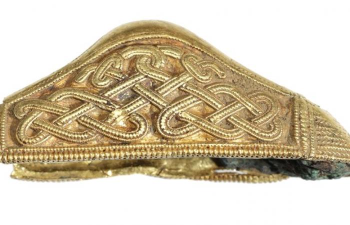 Una señora de 80 años va al campo con un detector de metales y descubre una obra maestra grabada en oro del siglo VII. Lo vende por 18 mil 900 euros.