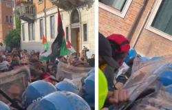 G7 en Venecia, antagonistas en la plaza con cascos y sombreros. Enfrentamientos con la policía