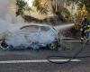 Grosseto: coche incendiado en Aurelia, cerca de Ripescia. Tráfico bloqueado (foto)